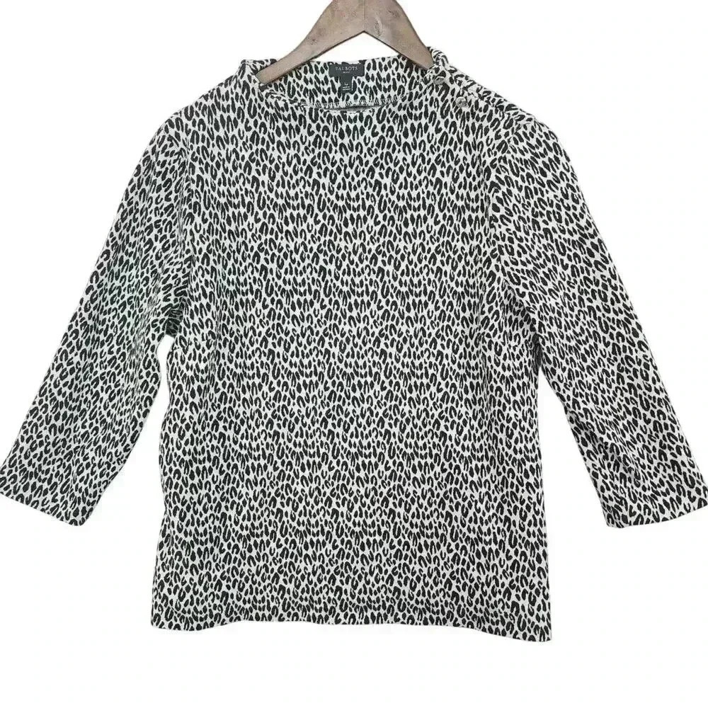 Talbots Women's LP Leopard Print Knit Top With Button Details 14CT